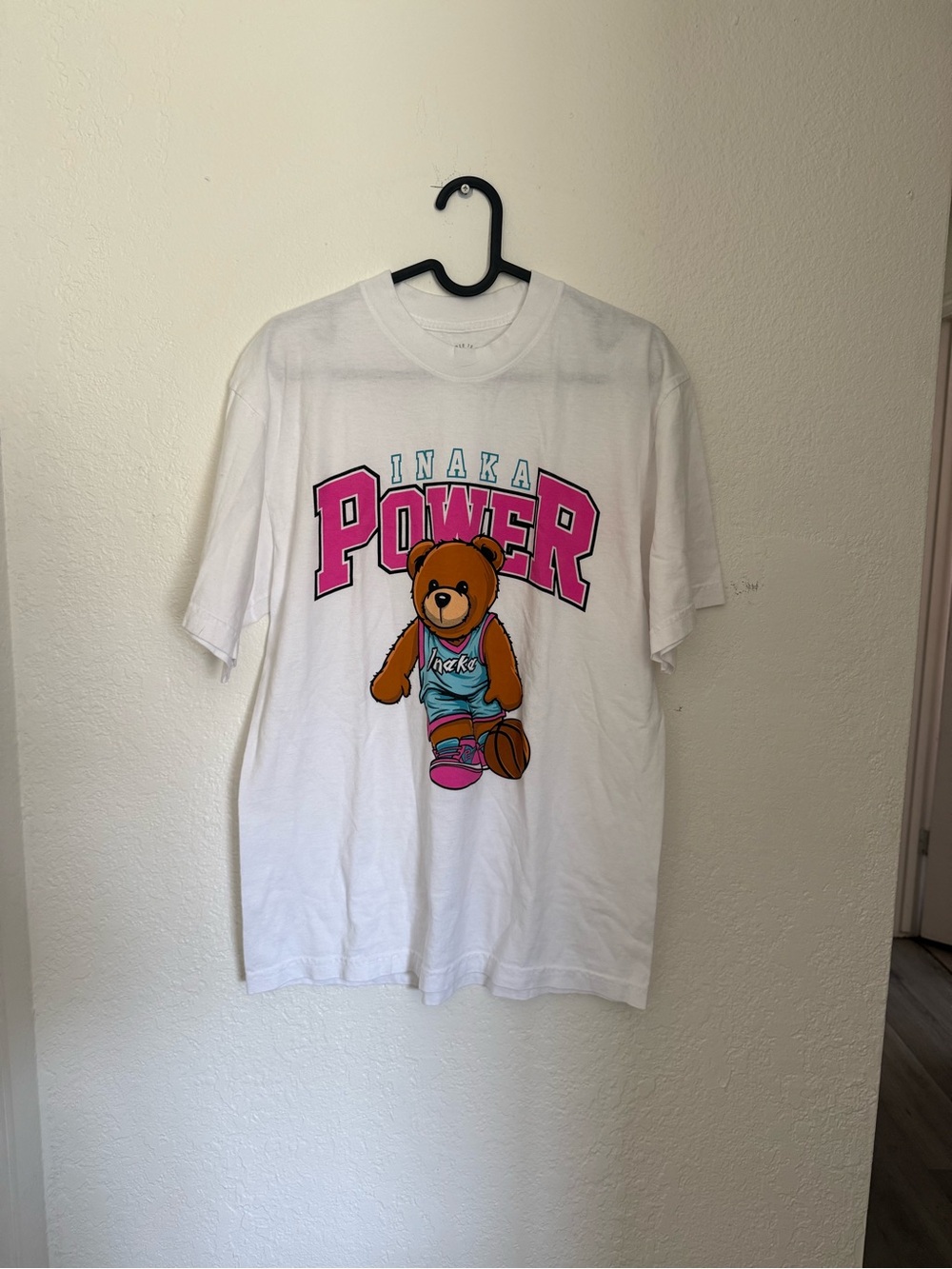 Inaka Power White Tee with Pink and Blue Bear Graphic